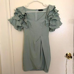 Pretty Little Thing Sage Green Frill Sleeve V-Neck Bodycon Dress